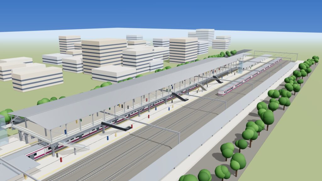 Dahisar Railway Station Deck – aerial view (3D render)