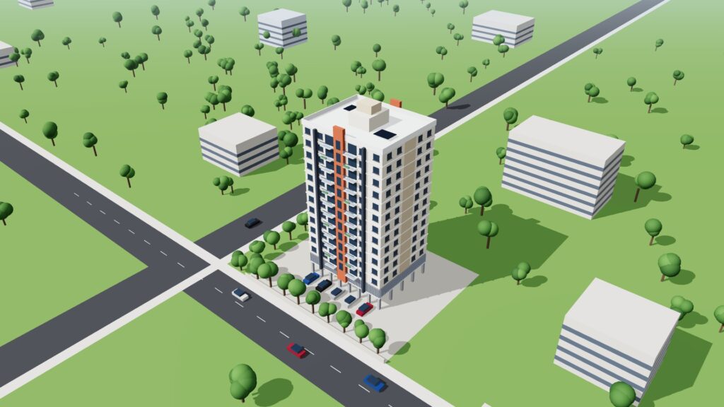 Railway Quarters (G+P+12), Jogeshwari – aerial view (3D render)
