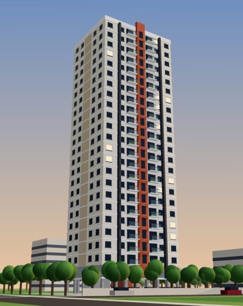 Railway Quarters (G+P+22), Bhayander – street view (3D render)