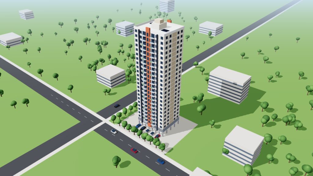 Railway Quarters (G+P+22), Bhayander – aerial view (3D render)